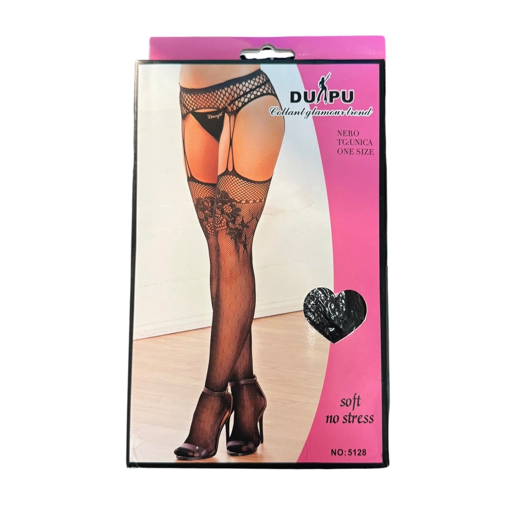 Duapu Black Floral Lace Fishnet Stockings Mock Garter Suspender One Size 5128